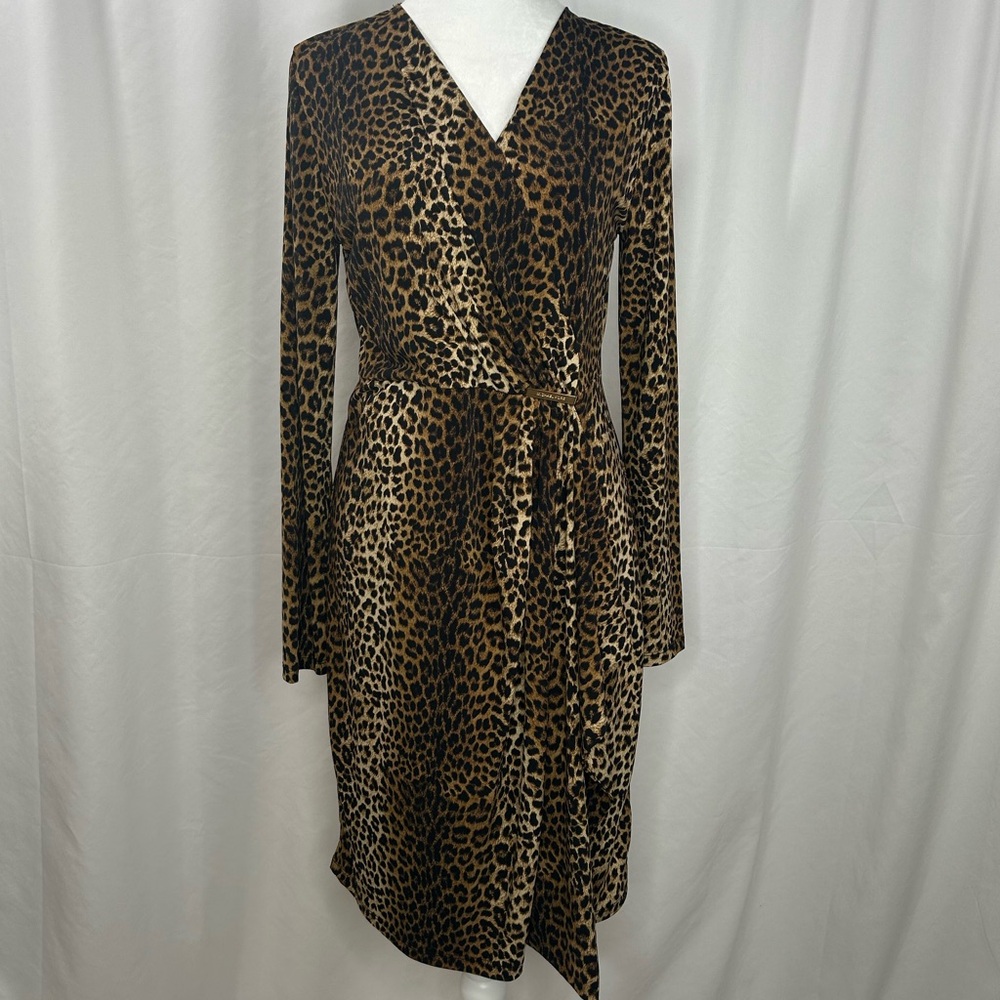 Michael Kors Women’s Dark Camel Leopard Print Wrap Dress size Medium - Picture 2 of 14